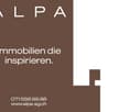 The image shows the logo and contact information for a real estate company called 'ALPA'. The text states 'Immobilien die inspirieren.' which means 'Real estate that inspires.' The contact information includes a phone number '071 556 99 88' and a website
