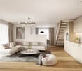 Living room with beige sofa, coffee table, carpet, lamp, and wooden floor. The space includes a staircase, kitchen area, and a white wall.