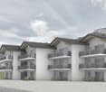 5 story building, white wall, gray roof, multiple balconies