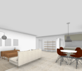 living room with couch, dining area with table and chairs, kitchen with shelves, hallway