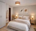 large bed, nightstands, lamps, wall art, floor lamp, closet, hanging ladder, rug, plant