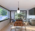 modern dining area with wooden table, natural light, large windows