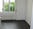 Empty room with white walls, black tiles, large window, white radiator