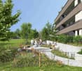 A garden with a variety of flowers, plants, and trees. There are wooden benches and a concrete pathway. The garden is surrounded by a fence. In the distance, there is a building with balconies and a car parked in front.