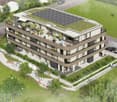 4 story building, solar panels on the roof, balconies, green roof, garden, parking