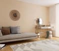Gray sofa, rug, white counter with mirror, decorative clock, balcony, large window
