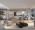 contemporary open plan living room and dining room, wooden floors, white cabinets, sliding doors to balcony, modern fixtures