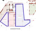 The floor plan shows a building with a main area of approximately 360 sq m and a smaller area of around 120 sq m. The plan includes several rooms, stairs, and a parking space.
