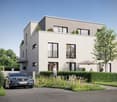 Modern two-story house with a terrace and balconies, grey exterior with white accents, large windows, and a central courtyard