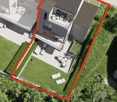 two story house, terrace, garden, outdoor seating, lawn, trees