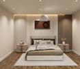 Bedroom with wooden floor, beige walls, bed with headboard, nightstands, rug, ceiling lamp, picture frame, and decorative items.