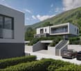 modern design, white exterior, concrete steps, driveway, 2 cars parked, large glass windows