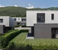 modern architectural design, multiple levels, balconies, garden