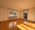 Empty room, parquet flooring, two sets of sliding glass doors, white radiator, window view of building