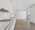 Modern kitchen, white cabinets, wooden floors, double sink, balcony