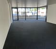 empty room, white walls, black carpet, large windows, metal railings