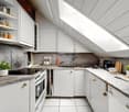 modern kitchen, white cabinets, marble countertops, stainless steel appliances, skylight