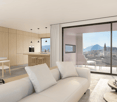 modern design living room, open to kitchen, large windows, balcony, hardwood floor, large couch, coffee table, city view