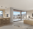 modern, open floor plan with kitchen, dining, living room and balcony with outdoor dining