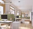 office room with desks, office chairs, monitors, cabinets, storage boxes, lamps, plants