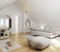 Spacious bedroom with white walls, wooden floor, king-sized bed, mirrored wardrobe, and contemporary decor