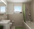Bathroom with white tiles, bathtub, shower, sink, toilet, two windows, curtain, floor mat, plants