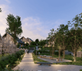 Pathway, benches, trees, plants, houses, people walking, bicycles