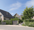 Modern house, gray roofs, concrete driveways, small garden, garage