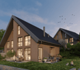 Modern house, brown exterior, black roof, large windows, outdoor seating area, garden, patio, family sitting outside