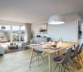 Dining room with wooden table, chairs, and a view of the balcony and mountains