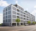 Modern apartment building with multiple balconies, white exterior, multiple floors, street view