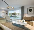 modern living room, large windows, balcony, wooden floor, white walls, white couch, coffee table, side table, lamps, artwork, dining table, chairs