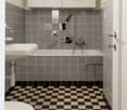 Bathroom, tile walls, bathtub, shower head, sink, toilet, checkerboard floor