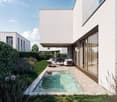 modern house, white exterior, balcony, outdoor dining area, swimming pool, garden, natural lighting