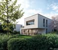 modern house, white exterior, large windows, glass balcony, swimming pool, terrace