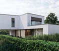 modern, white, two-story house, large glass windows, balcony, outdoor seating area, hedge