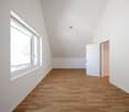empty room, wooden floor, glass window, white walls, open doors