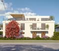 Modern white 2-storey house with glass walls and balconies, hedges, purple flowers, tree, street lamp, parked car