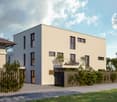 modern house, three stories, beige, large windows, front yard, driveway, fence