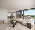 Minimalistic living room, large windows, white couch, coffee table, rug, balcony with table and chairs