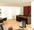 Dining room with wooden floor, modern black chairs, dining table, red kitchen cabinets, black kitchen island, modern pendant lights