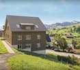Modern house, brown exterior, large windows, located on a hill, surrounded by green fields and mountains