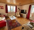 wooden floor, red couch, center table, curtains, rug, TV, windows with curtains