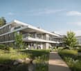 Modern apartment building with multiple balconies and terraces, glass walls, green grass, water stream, walkway, trees, garden area, and people on the balcony