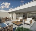 Outdoor area with wooden furniture, table, chairs, plants, and a view of the sky