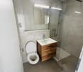 modern shower, vanity, white toilet, grey tiles, mirror