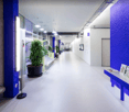 Long corridor with white tiles, blue painted walls, a bench, plants, and wall lamps.