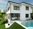 modern white two story house, swimming pool, car garage, covered car parking, balcony