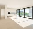 Large room with white tiles, sliding doors, glass floor balcony, white kitchen cabinets, and oven