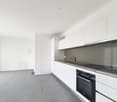 empty modern kitchen, white walls, gray floor, modern white cabinets, stainless steel counters, built-in oven, dishwasher, sink with faucet, ventilation